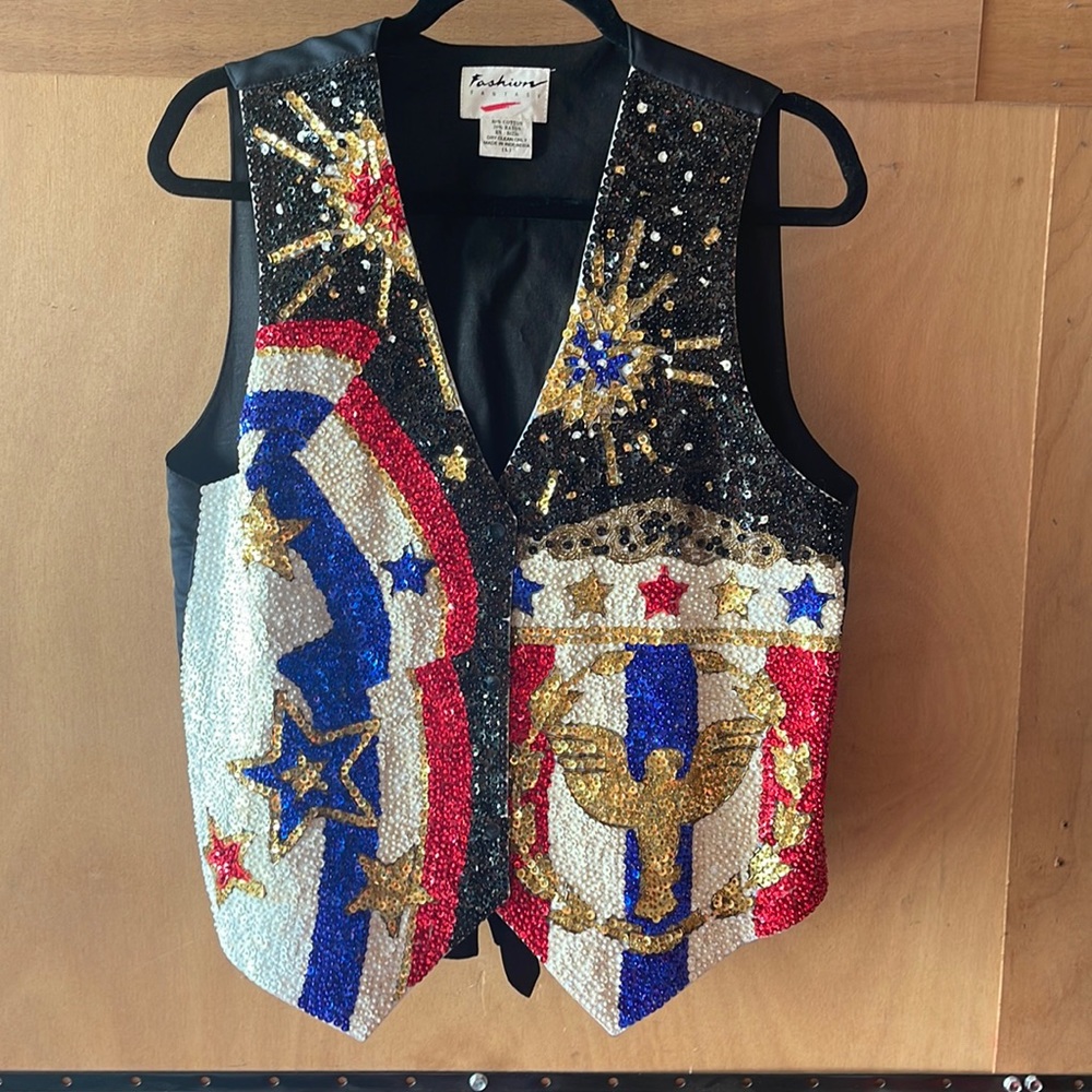 Fashion Fantasy Sequin Vest American Flag Beaded Red White Blue Patriotic 4th